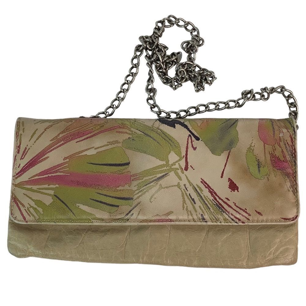 MAURIZIO TAIUTI Genuine Leather Crossbody Chain Strap Clutch Handbag Beige Sz S